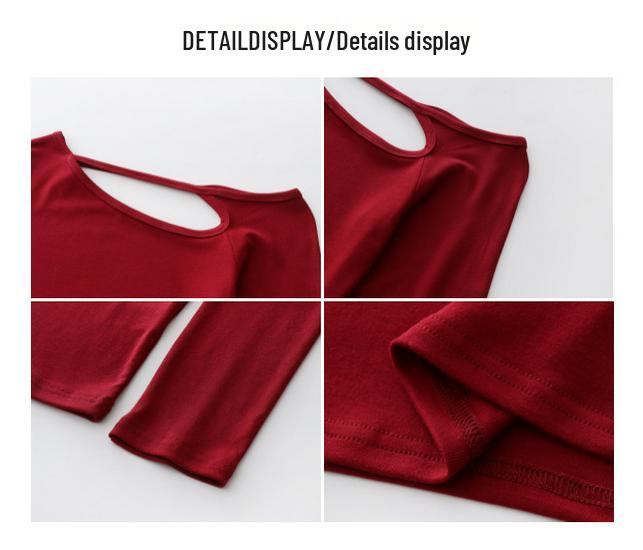 Red Spicy Girl Hollow Long Sleeve T-Shirt Women's Petite Stylish Base Layer for Spring and Autumn