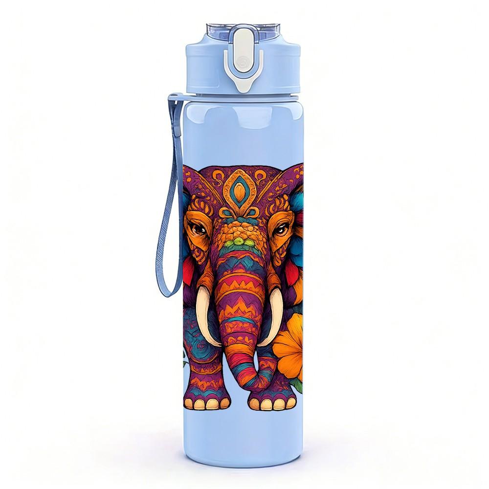 1PC Colorful Floral Elephant 750ml Color Plastic Sports Water Bottle Leakproof Flip Straw Lid Suitable for Sports Office Home Use