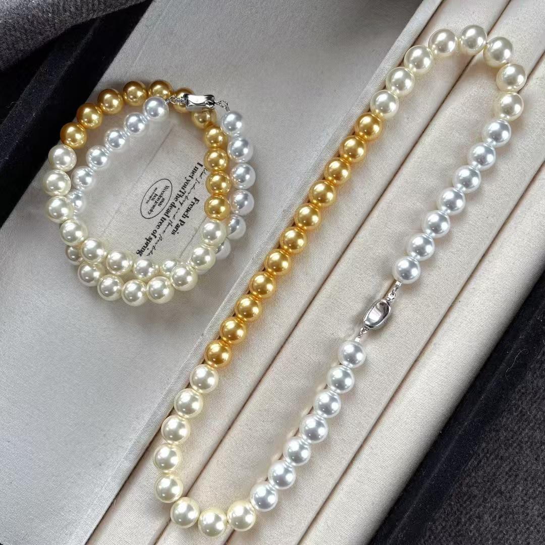 

10Mm Retro High Quality Artificial Crystal Mixed Color Gradual Change Gold Pearl Necklace Collarbone Chain