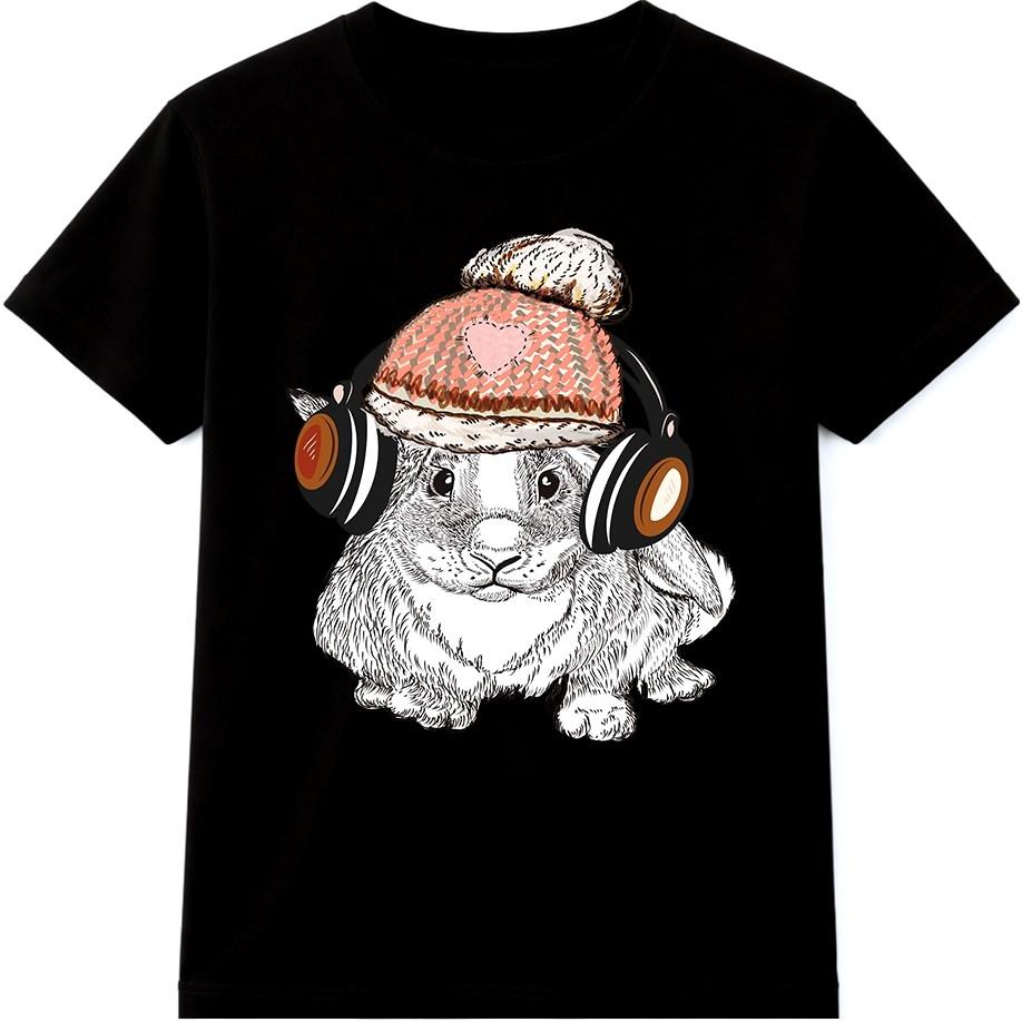 Rabbit T Shirt Headphones Beanie Hat Graphic Tee Cute Bunny Music Lover Pet Top