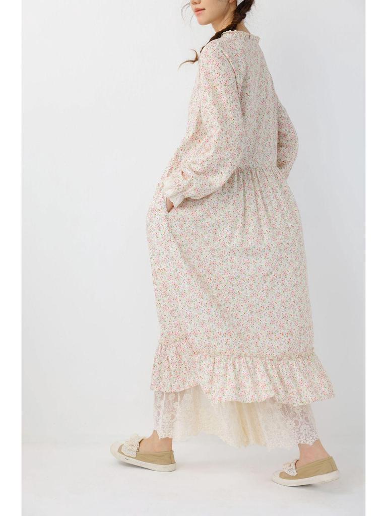Spring Women's Mori Style Floral Cotton Linen Long Dress with Ruffle Patchwork