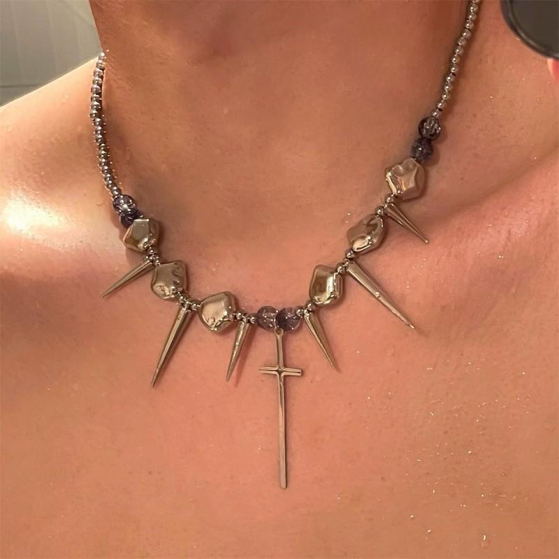 Punk Streetwear Choker Necklace Women Y2K Multi-Layer Heavy-Duty Alloy Chain With Cross Pearl Rivet Star Designs 4 Cross Stud Pendant Necklace