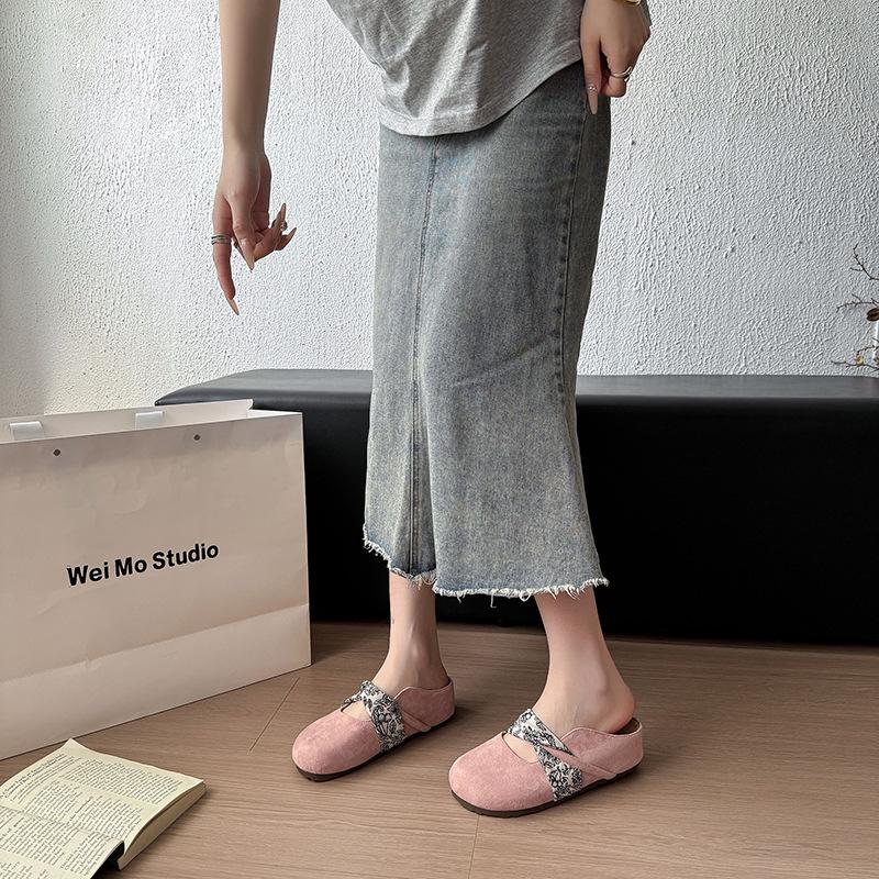 Retro casual girls flat-soled single shoes summer fashion evening breeze round head shallow mouth Mary Jane grandma shoes half a pack of slippers