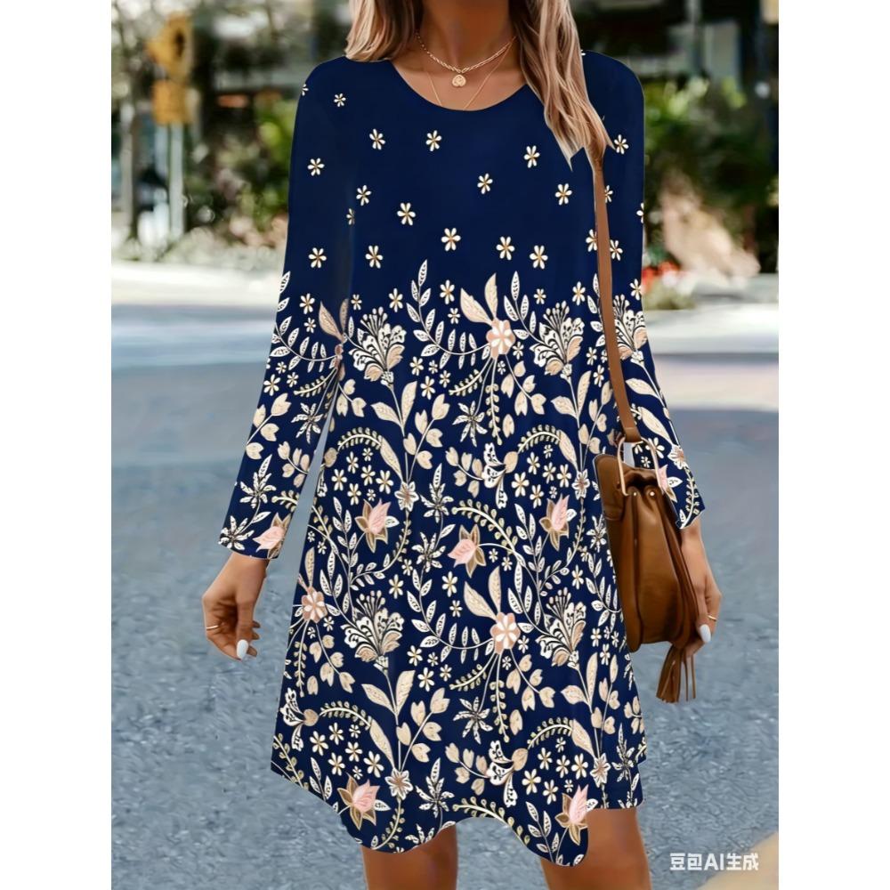 3D Retro Floral Dress, Women's Long-sleeved Round-neck Casual Mini Skirt