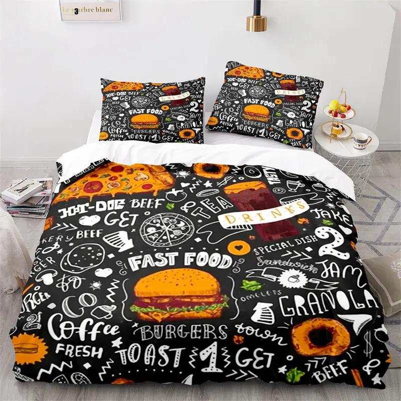 Kreativer Fast Food Bettbezug Pizza Hamburger Druck Bettdeckenbezug Mikrofaser Bettwäscheset King Queen für Kinder Teenagerzimmer Deko