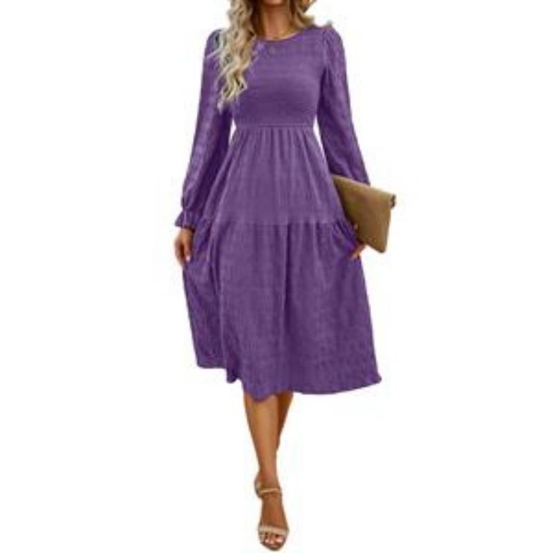 Women Autumn Midi Dress, Round Neck Puff Long Sleeve Dress, Smocked Bodice Tiered Ruffle Skirt, High Waist A‑Line Flowy Casual Elegant Ladies Dress