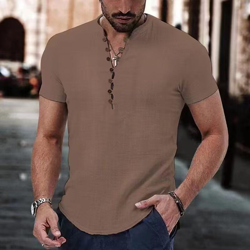 Popular Men s Linen Casual Shirt Plain V-neck Summer Casual Clothing M коричневый