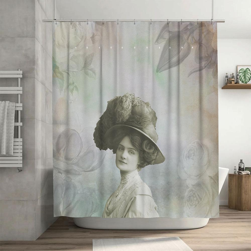Elegant Vintage Bath Shower Curtain Cream Floral Victorian Woman Design Printed Polyester Waterproof Bathroom Liner With Hook Ri