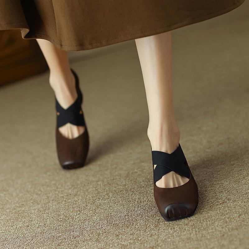 

The treasure of the town store! Vintage retro niche handmade middle heel ballet shoes square head cross strap Mary Jane shoes 39 абрикосовый