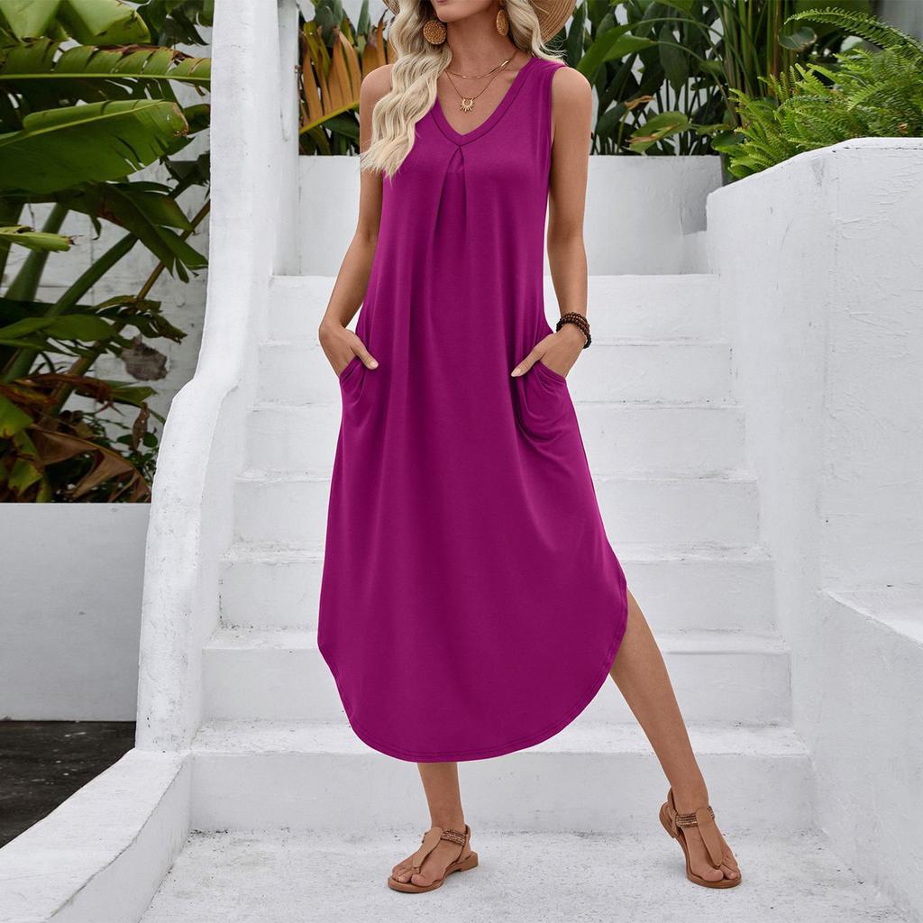 Women's Fashionable Color V-neck Sleeveless Vest Dress With Pleated A-line Beach Pocket Dress