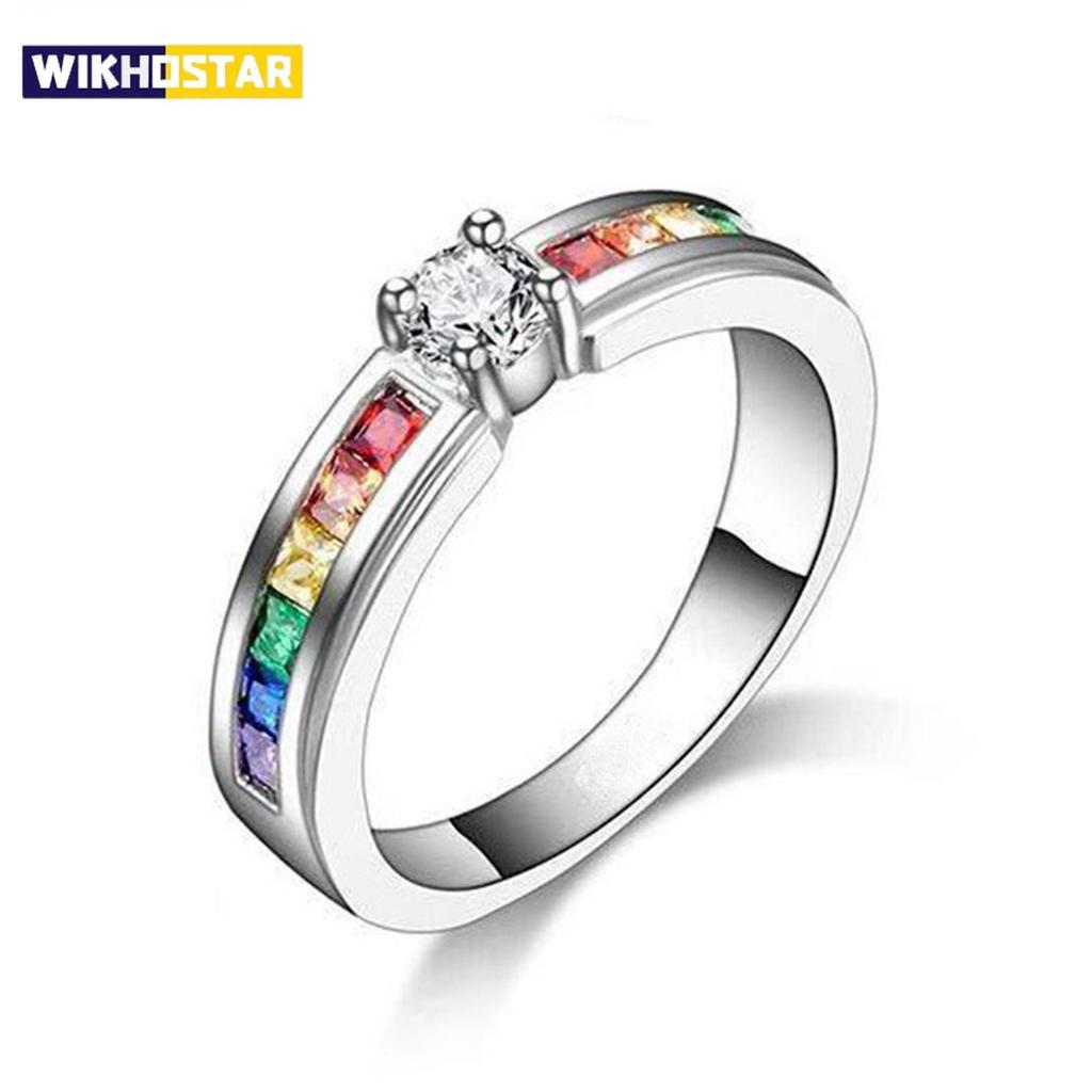 Color Rainbow Cubic Zircon Rings For Women Wedding Lovely Engagement Proposal Ring Accessory