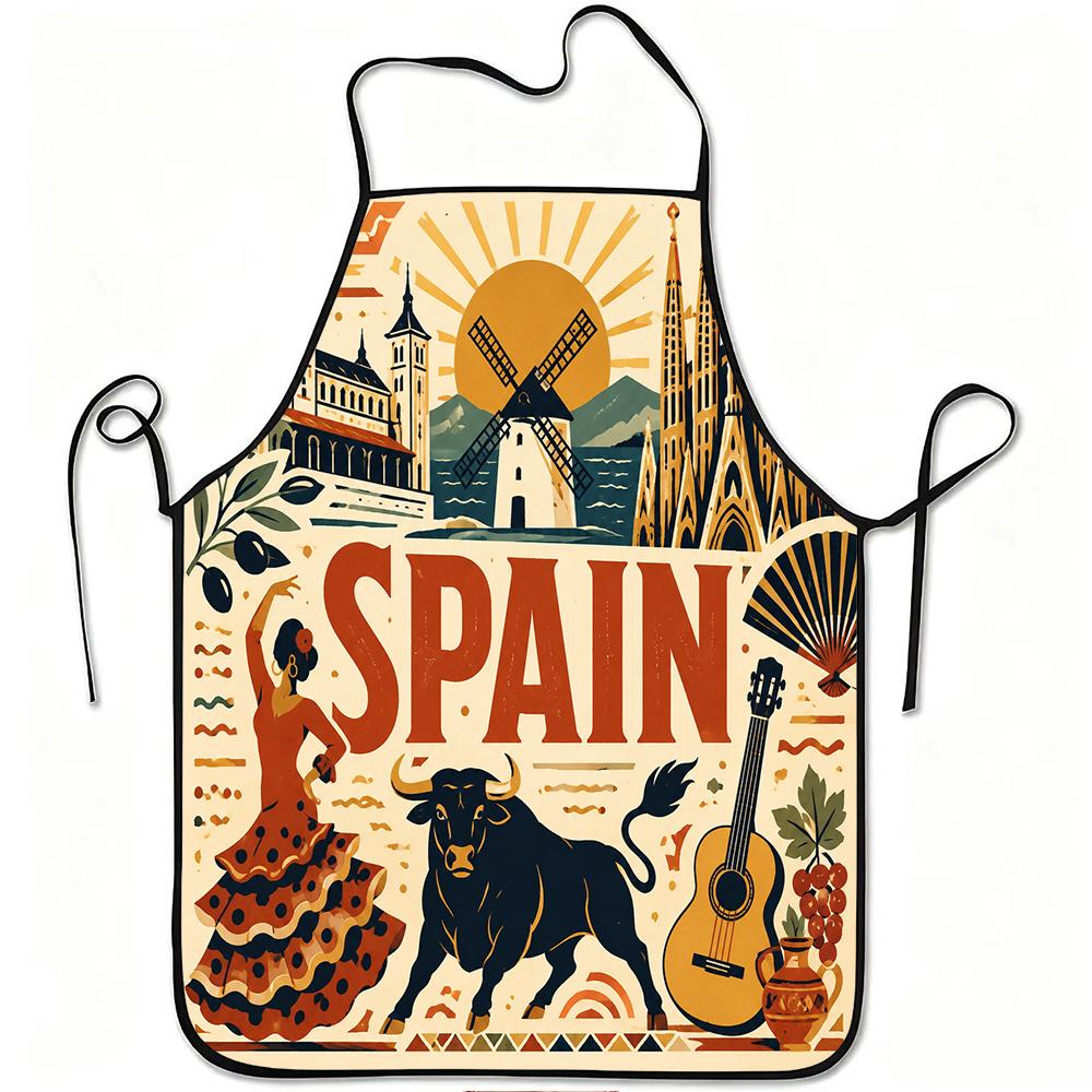 1pc Spain Flamenco Bull Guitar Landscape Print Apron, Durable And Easy To Clean, Adjustable Waistband, Polyester Material, for Kitchen Cooking, Garden