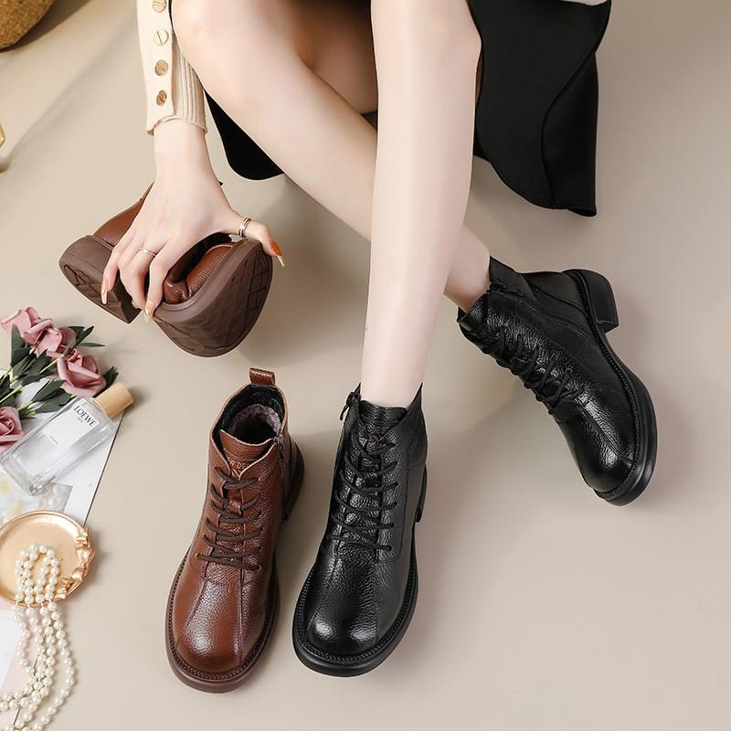 Autumn Winter New Ladies Boots Genuine Leather Short Boots Low-Heel Retro Women Cotton Shoes Lace Up Botas D378