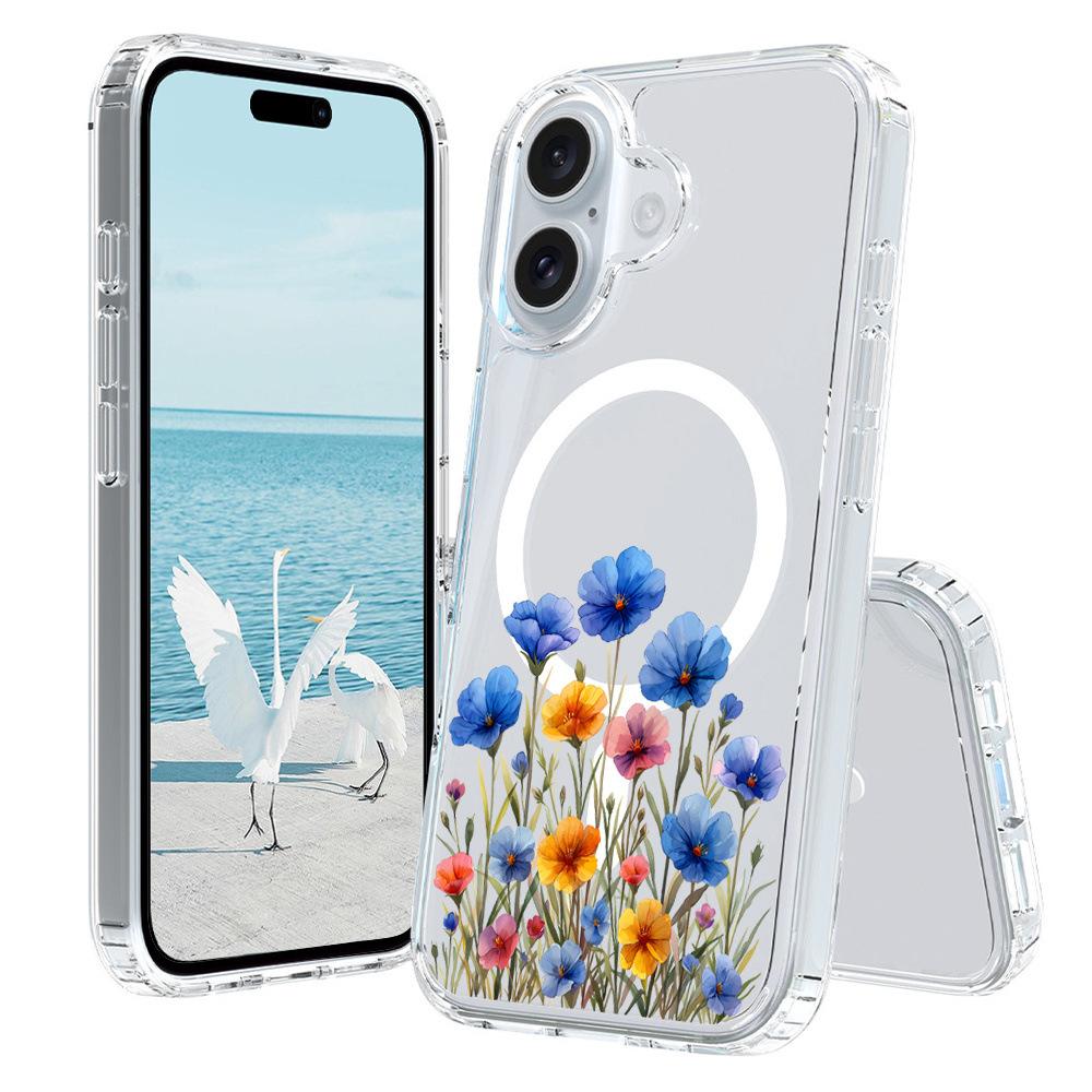 For iPhone 16 Plus Case Compatible with MagSafe Flower Pattern Printing TPU+PC Phone Cover