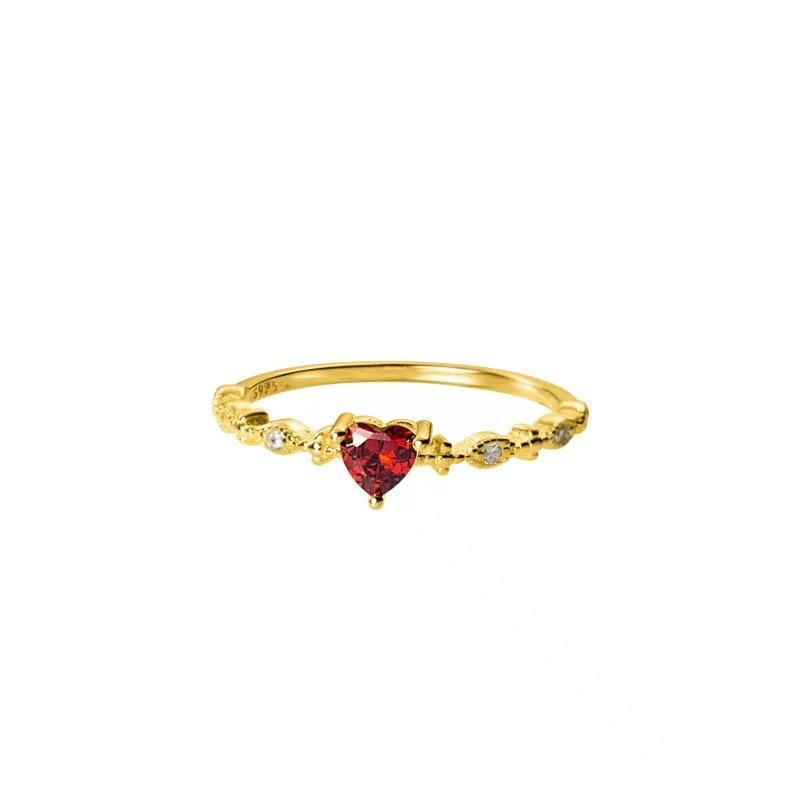 Elegant Japanese Style Heart Ring - 925 Sterling Silver with Red Stone, Open Design for Girls, Simple and Fresh.
