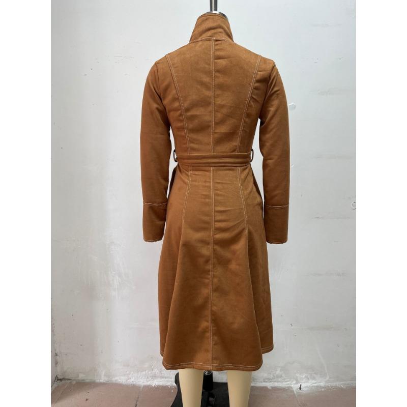 Elegante Vintage Suède Stof Lange Mouwen A-lijn Jurk Met Rits En Riem