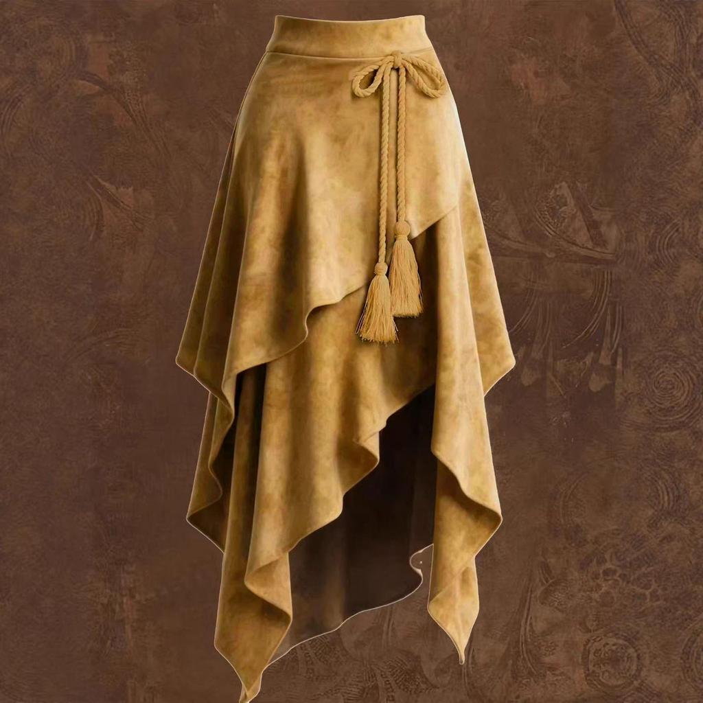 Retro Europäischer Unregelmäßiger Westlicher Wildlederrock, Einfarbig, Kollektion 2026