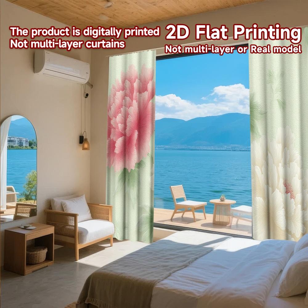 2D FLAT PRINTING 2pcs Curtains (Without Rod) Floral Peony Design Ramadan Festival Creative Curtains Semi-Sheer Curtains