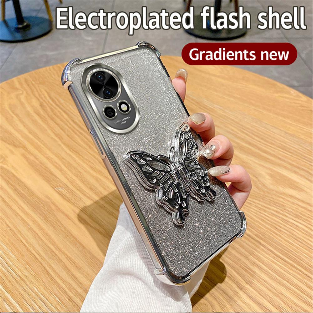 Shockproof Glitter Butterfly Holder Stand Phone Case For Huawei Nova 13 Pro 12 11 10 9 8 7 6 5 Pro SE Plating Soft Silicon Cover