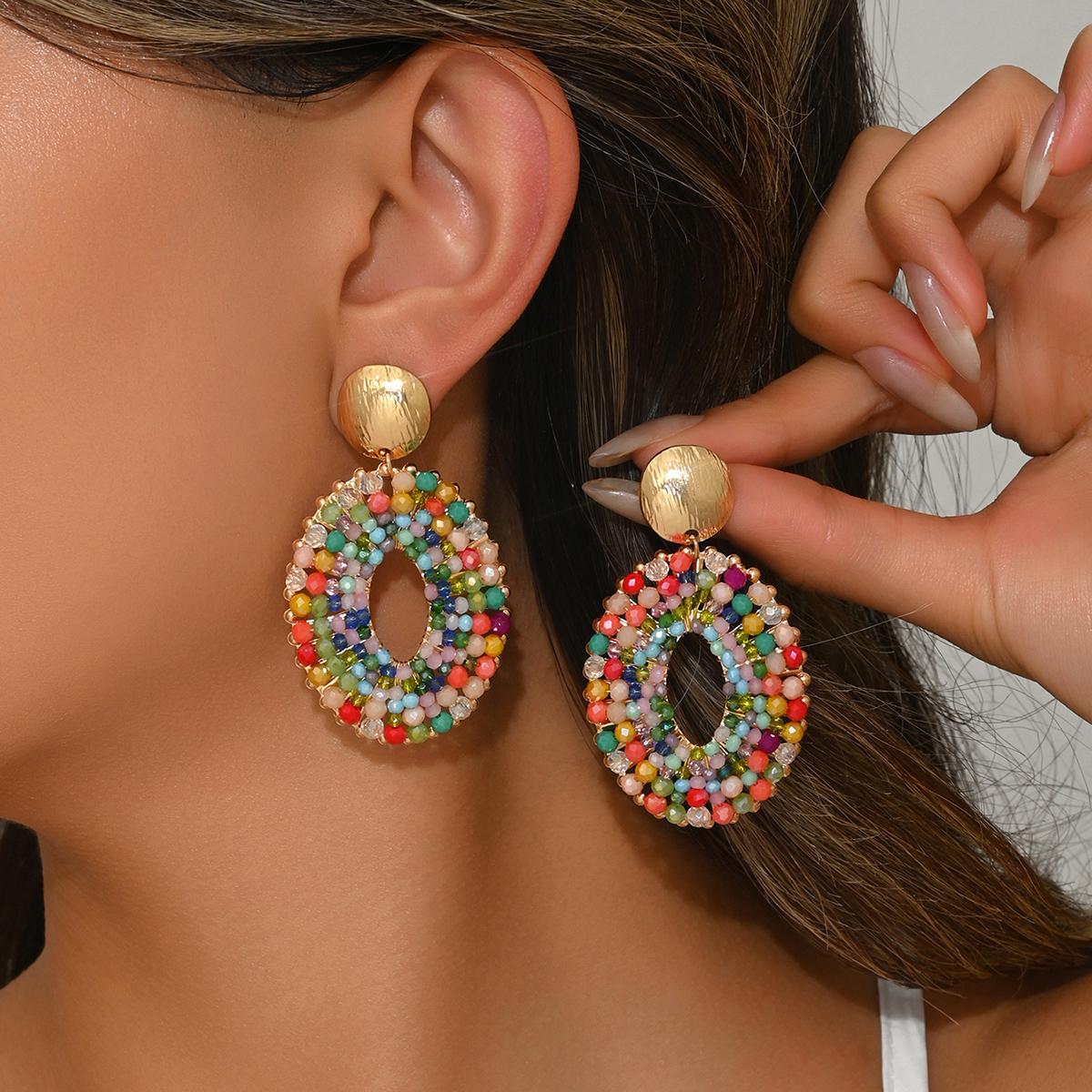 

Bohemain Vintage Oval Crystal Beaded Drop Earrings for Women Handmade Multicolor Big Statement Earring Summer Party Jewelry Gift