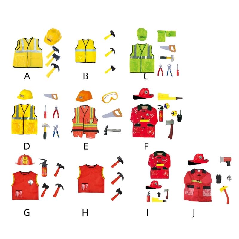 Kids Builder Worker Costume Halloween Fireman Dress up Outfits with Role Play Tool Accessories for Ages 3-12 Boy Girl