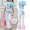 2026 Kinder-Kurzarm-Set für Mädchen im Alter von 4-12 Jahren, Zweiteiliges Set aus Kurzarm-Oberteil und Schlaghosen, Kpop Hunter Mädchengruppen-Print-Kleid
