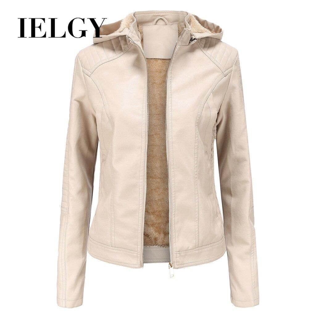 IELGY кожаная женская удобная теплая плюс бархатная модная короткая повседневная куртка большого размера с капюшоном M абрикосовый