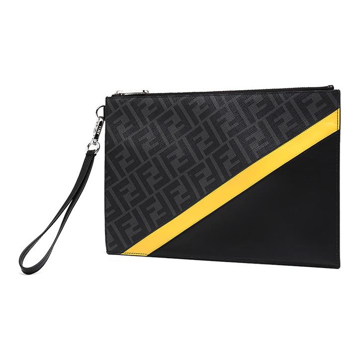 Fendi Monogram Logo FF Pattern Color Block Striped Coated Wristband Canvas And Leather Clutch Men Clutch Black Gray Yellow 7N0110-A9XS-F0R2A