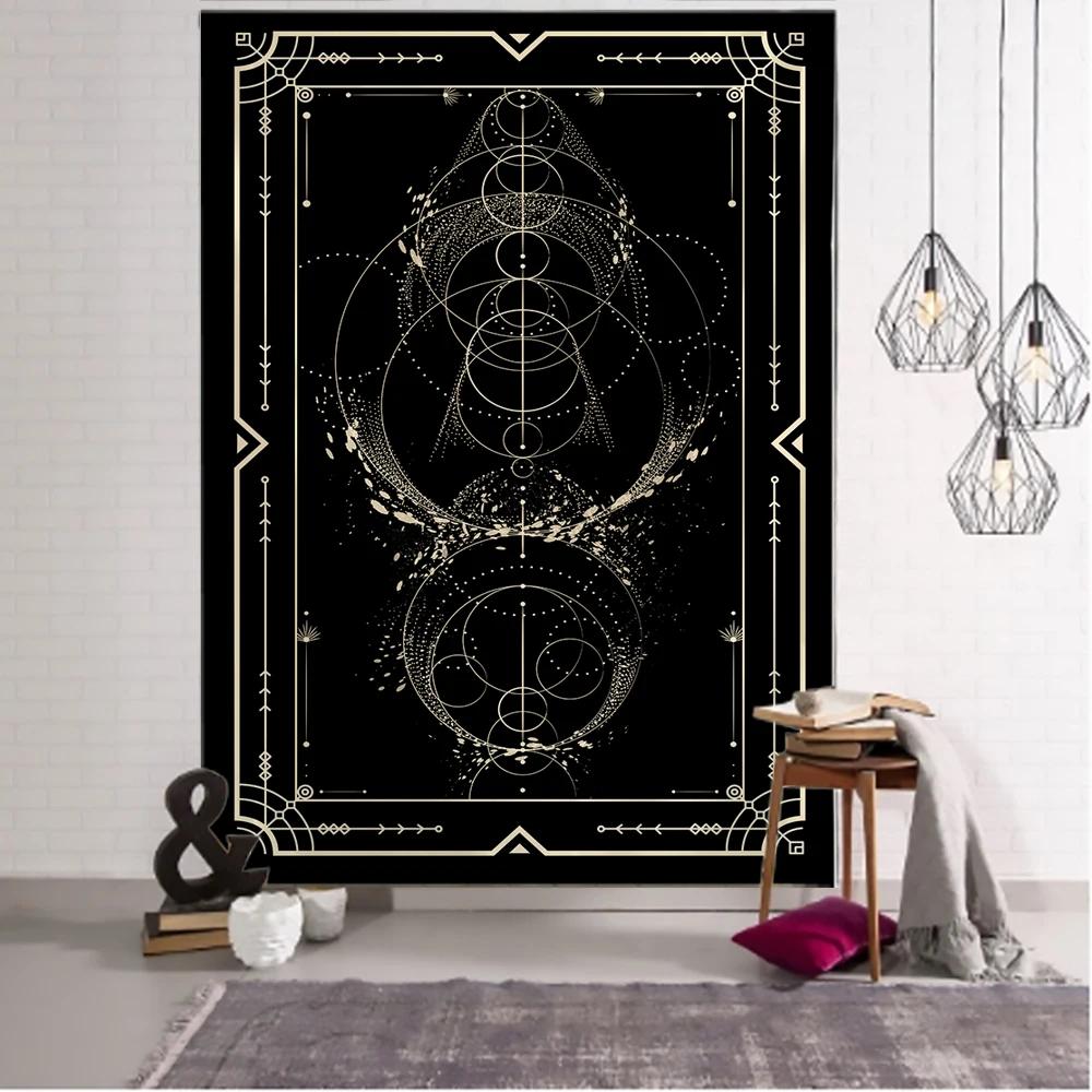Witchcraft Tarot Tapestry Wall Hanging Black Khaki Sun Moon Starry Universe Geometric Pattern Dormitory Home Decoration Curtains