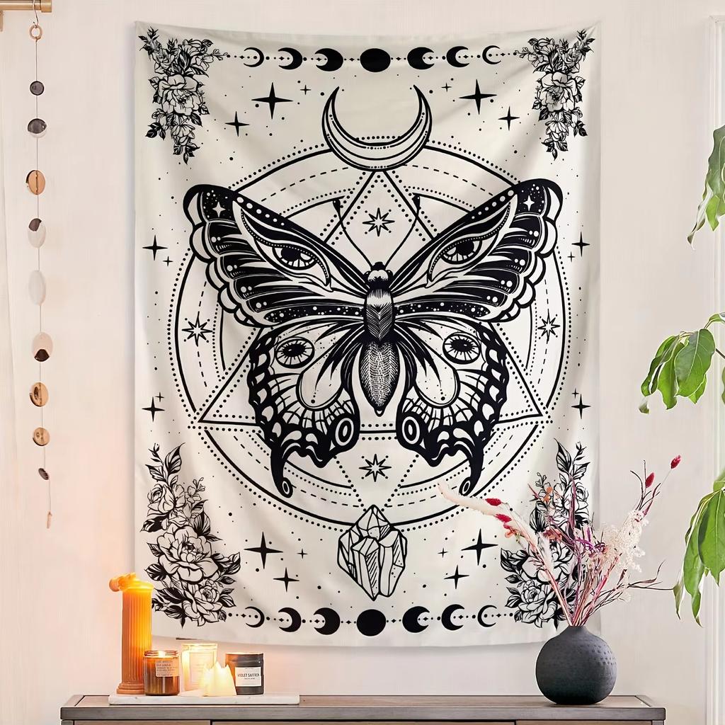 1pc Vertical Black White Bohemian Butterfly Moth Tapestry Wall Hanging Art Decor For Home Bedroom Indoor Ornament