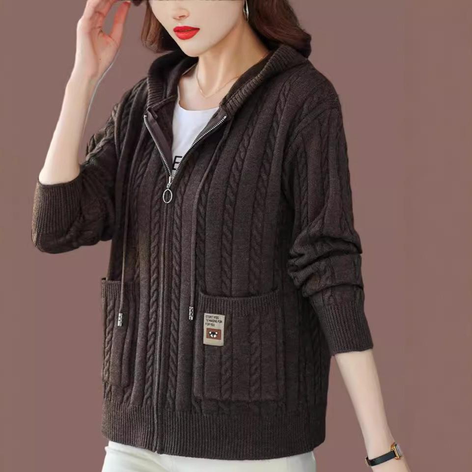 Hooded Knitted Jacket for Women Versatile for Autumn and Winter Loose Solid Color Sweater Jacket Autumn and Winter Sweater Cardigan for Women