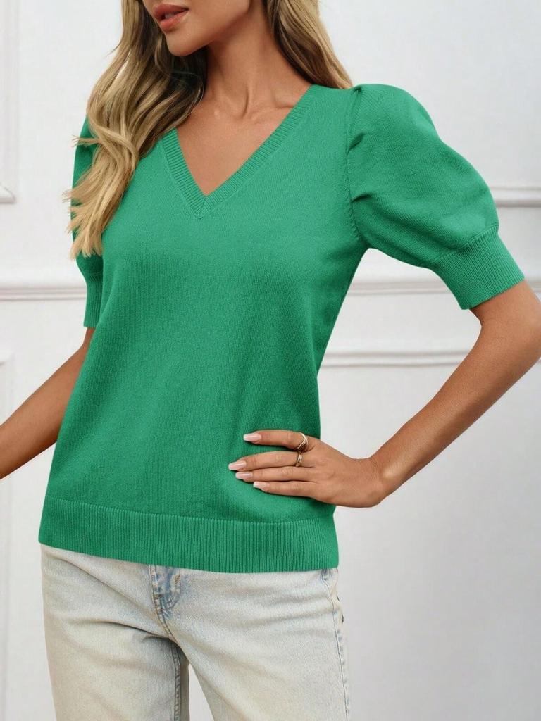 Dame striktrøje med pufærmer Kortærmet Afslappet Pullover Bluse til Forår Sommer