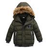 Jongens Jas Herfst Winter Effen Kleur Verdikken Capuchon Rits Mode Bontkraag Kinderen Warmhouden Bovenkleding