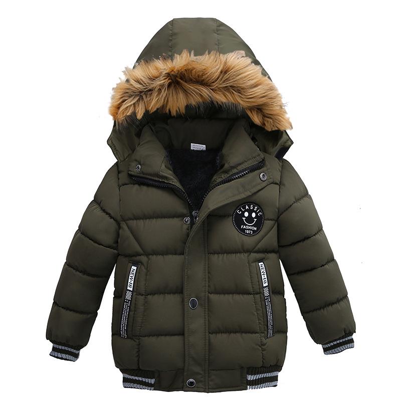 Jongens Jas Herfst Winter Effen Kleur Verdikken Capuchon Rits Mode Bontkraag Kinderen Warmhouden Bovenkleding
