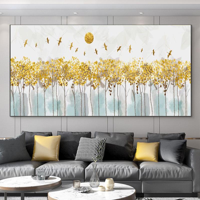 Abstract Leaves Oil Painting Print On Canvas Texture Golden and Silver Trees Wall Art Modern Home Decor Living Room Wall Decor