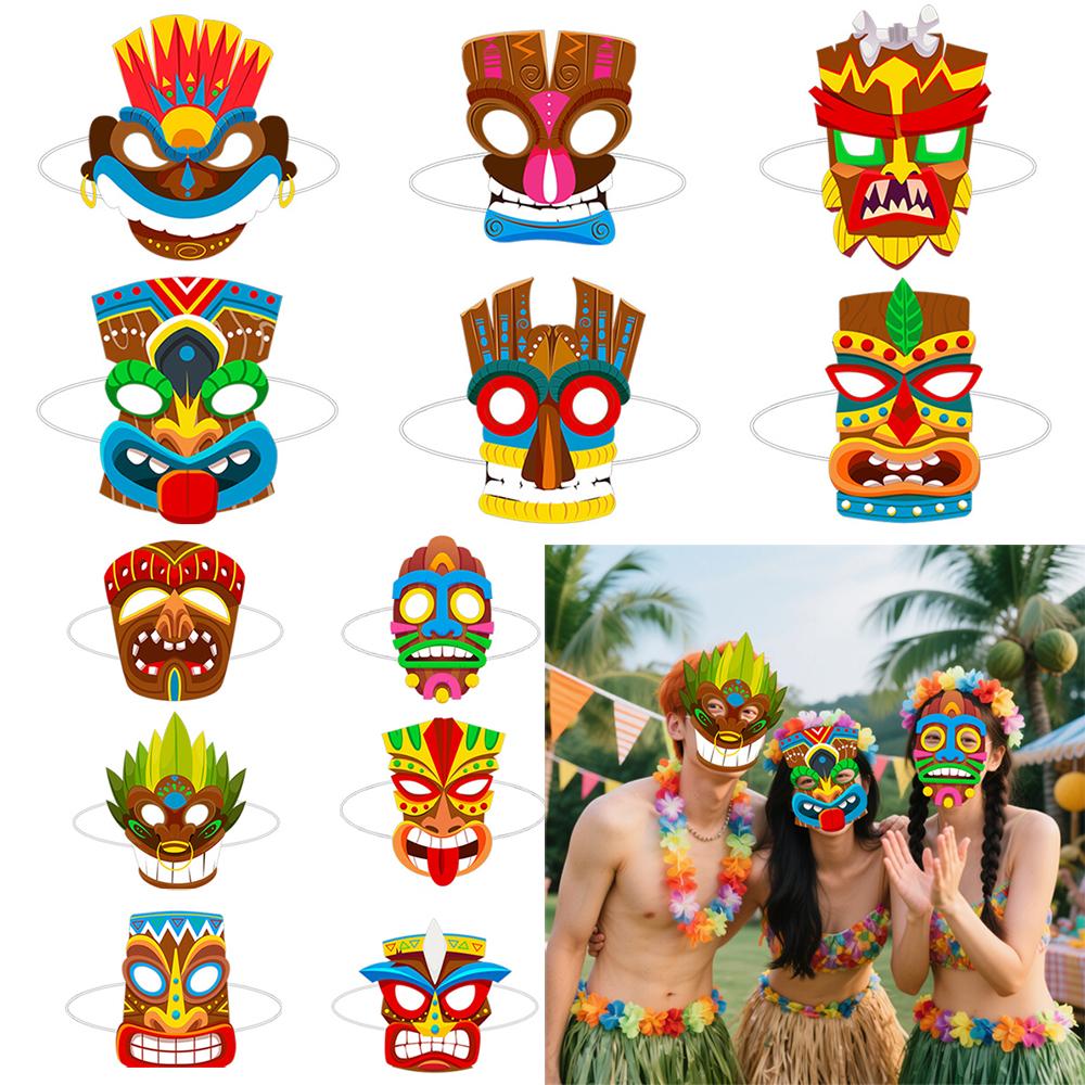 12Pcs Torpil Hawaii Theme Paper Eye Mask Vibrant Tiki Mask Dress Up Masquerade Photo Props for Summer Beach Birthday Party Decor