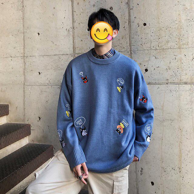 Мужской мультфильм вышивка легкий свитер вязание без подкладки верхняя одежда свободное пальто L синий 3687₽
