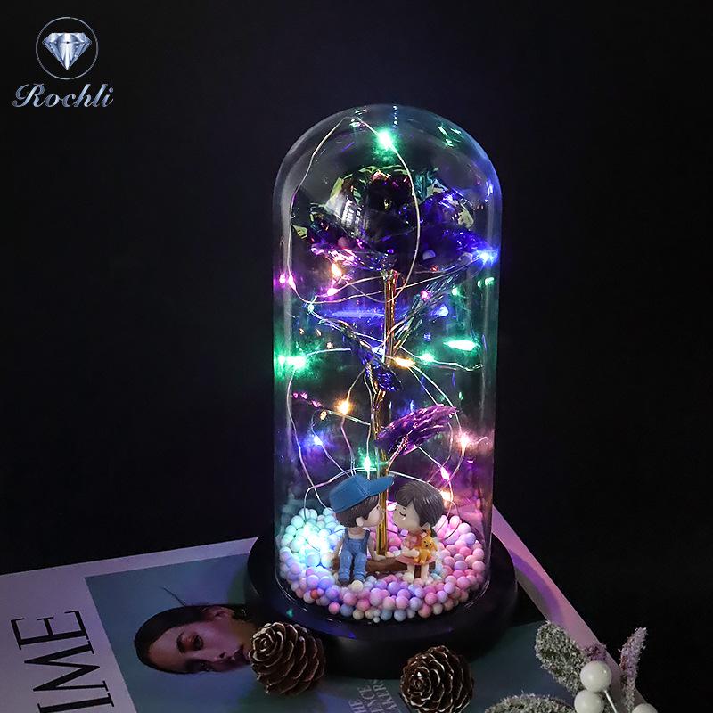 Rose Flower Preserved in Glass Dome with Night Light - Mother's Day or Birthday Gift Ornament