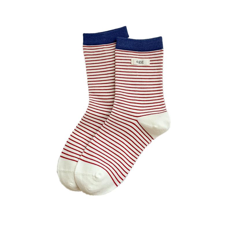 Women's Autumn and Winter Thin Striped Mid-calf Socks, Cloth Label Long Socks, College Style Black and White Stripes