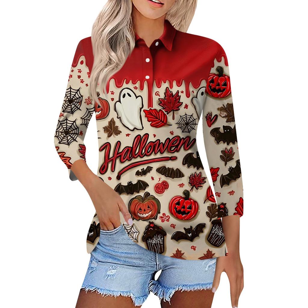 Dammode Casual Revers Kort 3/4 Ärm Halloween Tryck Skjorta Dambutton Up Toppar