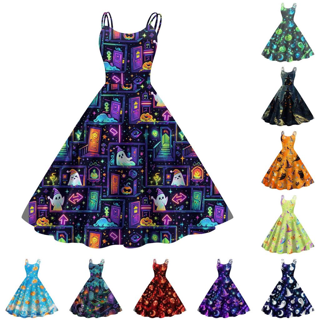 Women Halloween Print Sleeveless Shoulder Strap Dress Pumpkin Skull Pattern A-Line Swing Party Dress