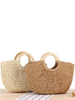 Borsa a Mano Grande Capacità in Corda Intrecciata Stile Mori con Manico in Legno