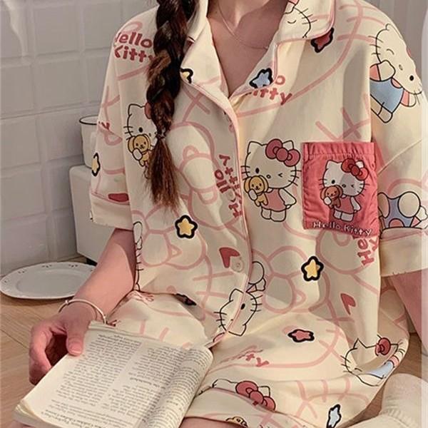 Japanese Princess Style Cartoon Kitty Cat Pajamas Women's Summer Short-sleeved Shorts Cardigan Set Women Ins Loungewear