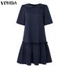 VONDA Elegant Women Casual Lapel Neck Short Sleeve Solid Color Ruffled Dress