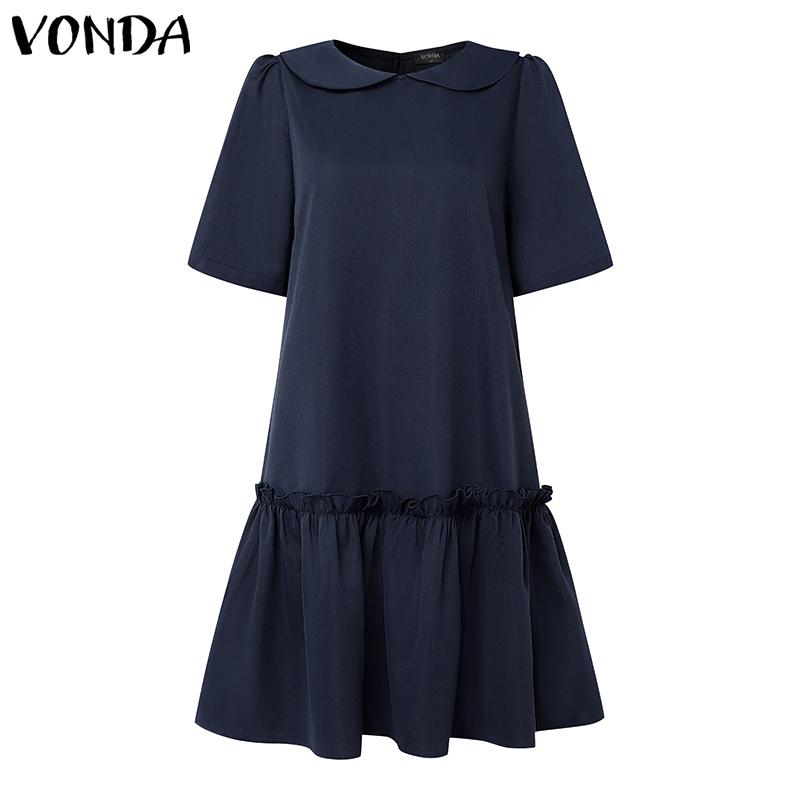 VONDA Elegant Women Casual Lapel Neck Short Sleeve Solid Color Ruffled Dress