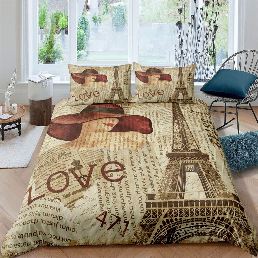 Old Newspaper Duvet Cover Set Vintage French Bedding Set Brown Quilt Cover For Kids Boys Girls Teens Polyester Comforter Cover
