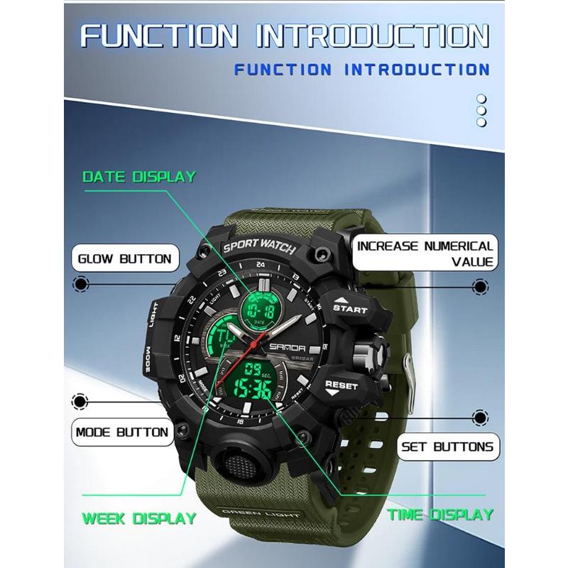 SANDA Multifunctional Military Watch for Men Dual Display Digital Waterproof Luminous Mens Wristwatches Quartz Clock Sport Watches