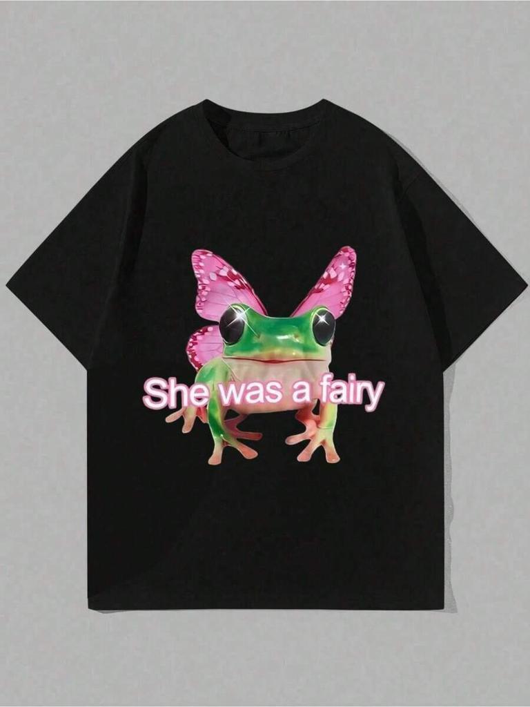 Womens Slogan Frog Print Crew Neck Short Sleeve Casual TShirt Graphic Tees Women Tops