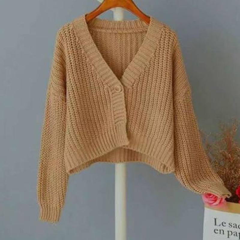 

Новый осенне-зимний кардиган, короткий свитер для женщин, V-образный вырез, свободный, модный, однотонный, пальто, элегантный, с длинным рукавом, повседневная простая одежда One size верблюд