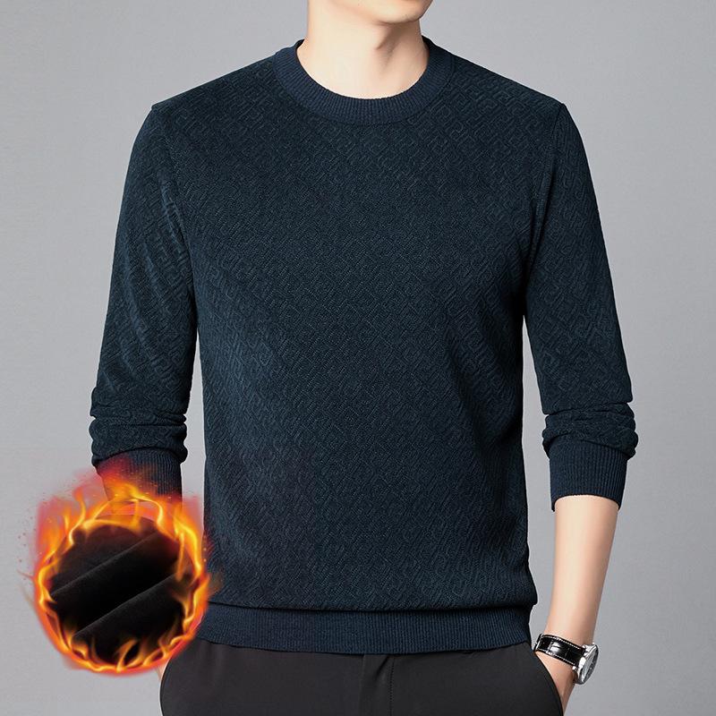 Winter Young and Middle-aged Men's Sweater with Velvet and Thickened Round Neck Warm Top, Fashionable and Versatile Solid Color Twist Pattern